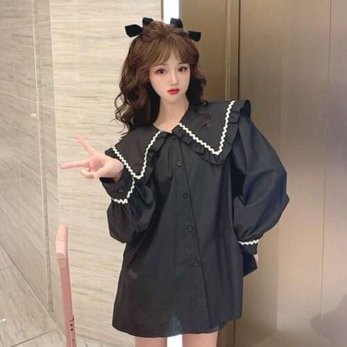 White Shirt Womens Spring 2021 New Korean Style Loose All-Match Lace Lace Doll Collar Long Sleeve Shirt Fashion lolita dress