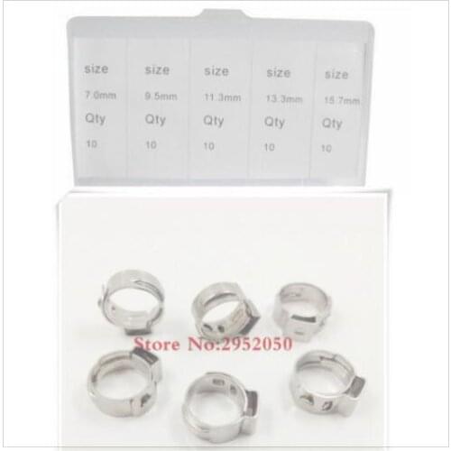 Free shipping Pipe Clamp High Quality 50 PCS Stainless Steel 304 Single Ear Hose Clamps Assortment Kit Single