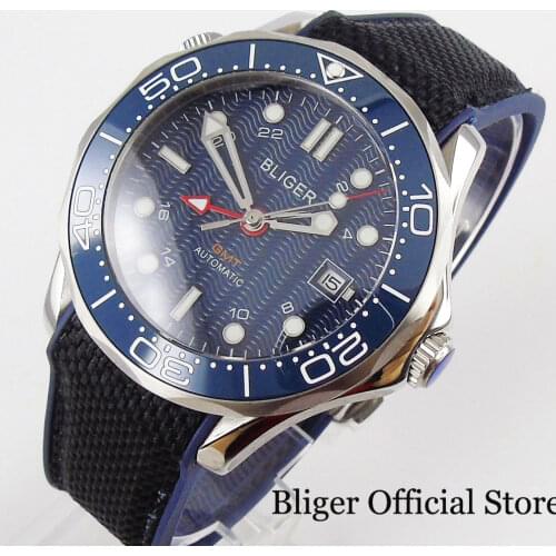 BLIGER Automatic Men Watch Rotating Bezel Sapphire Glass Rubber Bezel GMT Date Function 41mm Stainless Steel Case