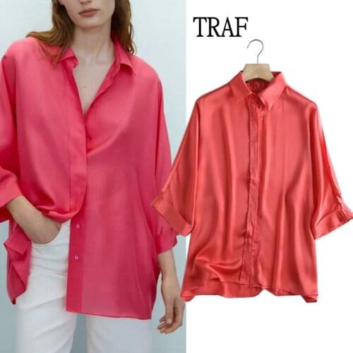 TRAF Blouses Women Za 2021 Spring New Long Sleeve Satin Blouse Elegant Office Women Clothing Female Shirts Blusas Chic Tops