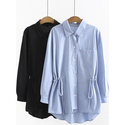 Plus Size Shirt For Women Lapel Long Sleeve Solid Color Waist Tightening With Waist tie Shirt Fatwomen Large Size Tops In Autumn