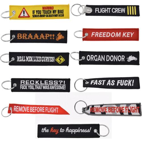 Remove Before Flight keychain for Motorcycles and Cars Embroidery OEM Key chain keyring Customize Key tags Fashion llaveros