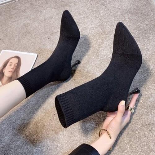 Black Elastic Sock Boots Thin Heels Women Autumn Ankle Booties Strecth Pointed Toe Female Fashion Winter Shoes Woman W20-48