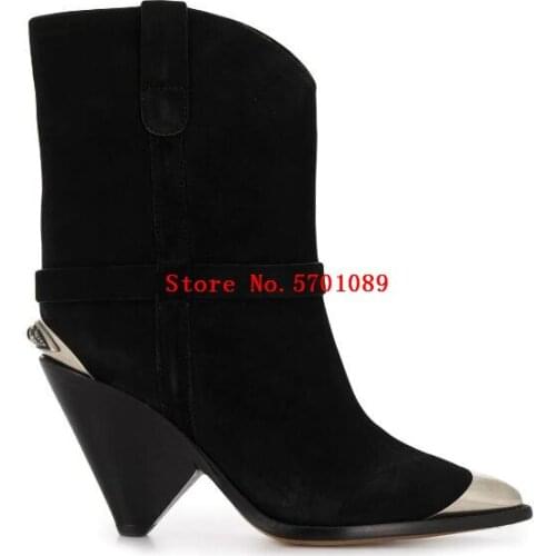 Black Suede Lamsy Boots Metal Toe Cap Multiple Front Straps Pull-on Style Chunky Mid-heel Shoes