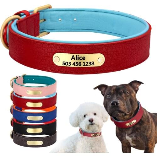 Personalized Dog Collar Custom Leather Dog Collars Soft Inner Padded Pet ID Collar For Small Medium Large Dogs Pitbull Bulldog
