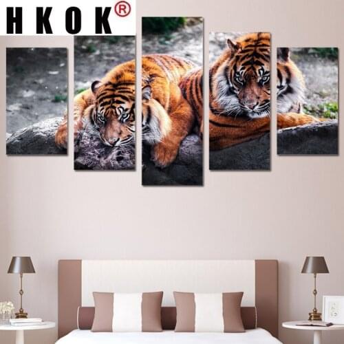 HKOK Canvas Painting Living Room Wall Poster 5 Panel Animal Tiger Frames In Modular Print Cuadros Decoration Modular Pictures