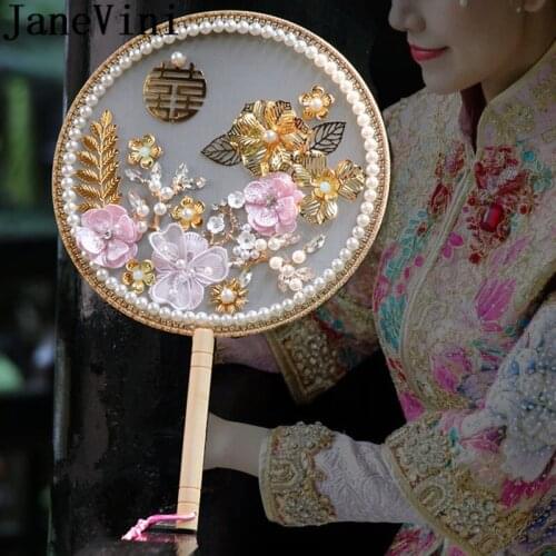 JaneVini Chinese Knot Pink Flowers Bridal Fans Beaded Pearl Crystal Gold Leaf Ancient Costume Round Wedding Bride Hand Fan 2019
