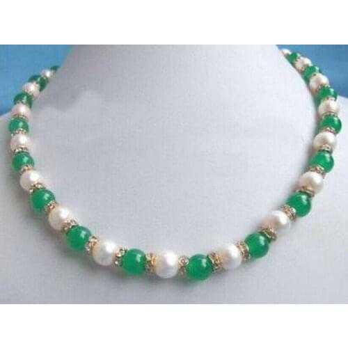 Beautiful Excellent Genuine White Pearl Green Jade Crystal Necklace