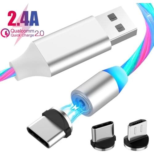 Magnetic LED flicker lighting Cable Fast Charging Magnet Micro USB Type C Cable LED Wire Cord Type C Charger For iPhone Samsung
