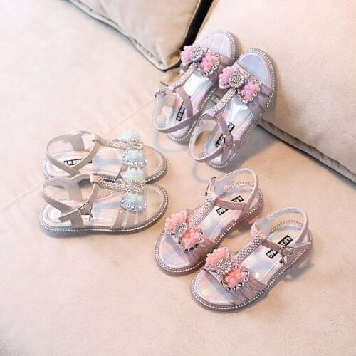 Fashion Rhinestone Bow Girl Summer 2021 New Sandals Kid Princess Dress Shoes For ChildrenS Bead Beach Shoe 3 4 5 6 Years