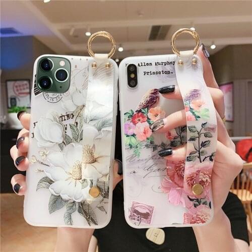 For iPhone XR Xs 12 11 Pro Max Soft Flower Pattern Phone Holder Case for iPhone 7 Plus 6 5 SE 8 Silicon Floral Wrist Strap Case