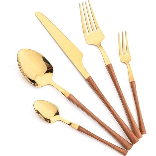 1/2/4/5Pcs Wooden Handle Gold Cutlery Set Western Kitchen Stainless Steel Dinnerware Flatware Set Knife Fork Spoon Tableware