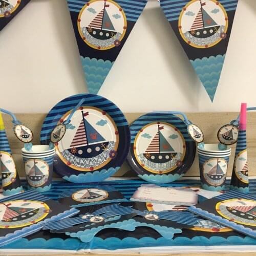Party Supply Blue Sailing Boat Theme Disposable Tableware Sets For Kids Boys Girls Party Decoration Supplies Kids Favor