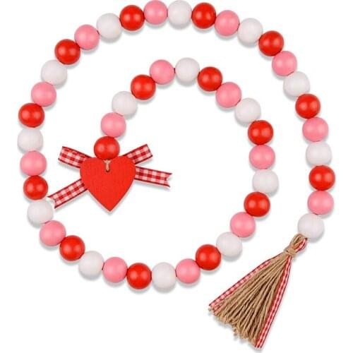 New Valentines Day Wood Bead Garland Wood Bead Garland Farmhouse Farmhouse Wood Bead Garland Tiered Tassels Wood Bead