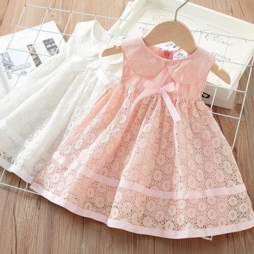 2021 Summer New 2-8 9 10 Years Childrens Korea Style Cute Peter Pan Collar Pink White Tank Lace Bow Kids Girls Layered Dresses
