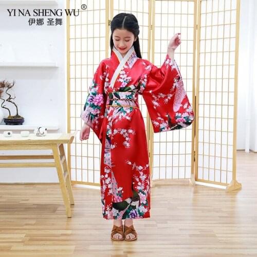 New Children Kimono Japanese Bathrobe Girls Princess Dress Lovely Bowknot Yukata Printed Kimono Wholesale Leisure Kimono Dress