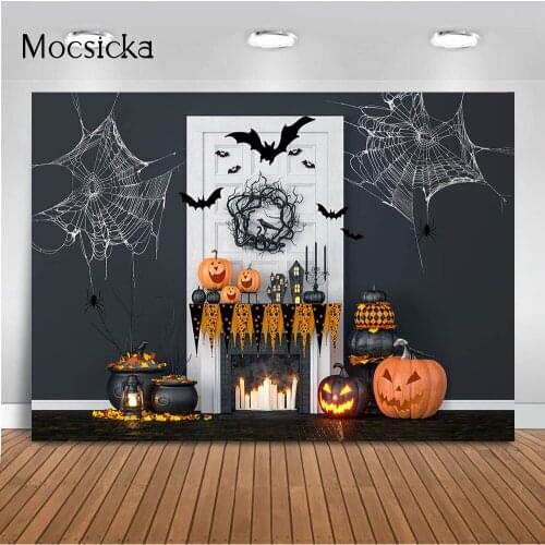 Spider web Fireplace Backdrop for Photography Newborn Kids Birthday Portrait Photo Background Props Evil Pumpkins Photocall