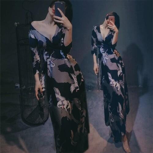 Womens Clothing Summer Black Tiansi Dresses Chinese Elements Printing Large Size Dress Retro Frenulum Cardigan Dress Robes
