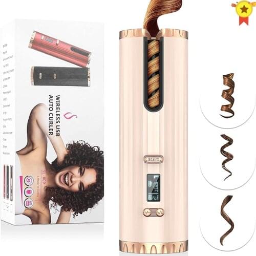 Cordless Automatic Hair Curler USB Rechargeable Curling Iron Curls Waves LCD Display Ceramic Curly Rotating Curling Wave Styler
