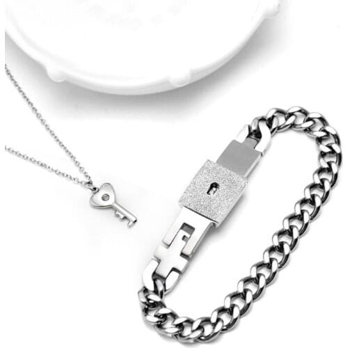 Y166 Titanium Puzzle Couple Heart Lock Key Couple Bracelet Necklace Lover Jewelry Set