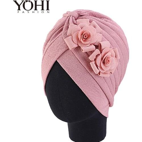 New women luxury Flower Wrinkle Chevron Indian Turban Hats Cap Hijab For Women Ladies Hair Accessories