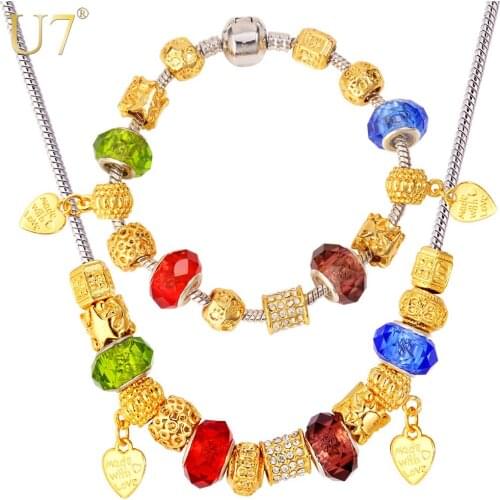 U7 Beads Necklace Set Gold Color Crystal DIY Heart Necklace Bracelet Women Gift Party Jewelry Set S760