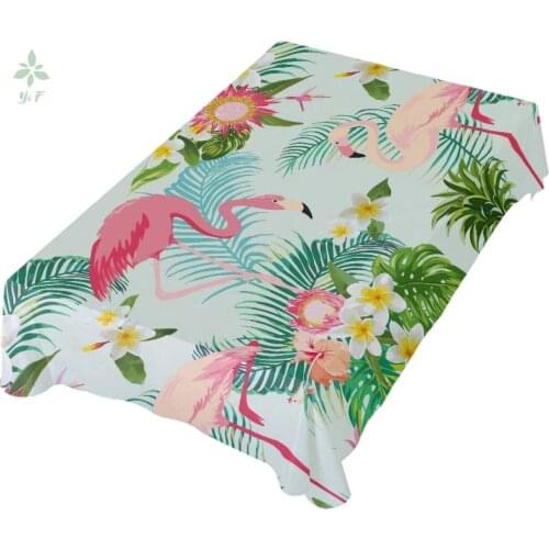 Green Tropical Palm Trees White Flowers Pink Flamingo Birds Dinner Tablecloth