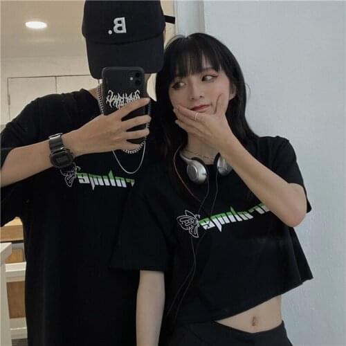 Lovers wear short Harajuku top summer Korean version of loose black retro butterfly short-sleeved t-shirt female ins tide top