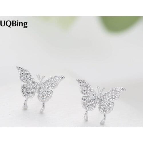 Fashion 925 Sterling Silver Full Rhinestone Crystal Butterfly Stud Earrings For Woman Jewelry Wholesale Free Shipping