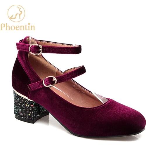 Phoentin green ankle strap mary jane buckle velvet retro womens shoes heels square toe shallow women pumps 2018 plus size FT314