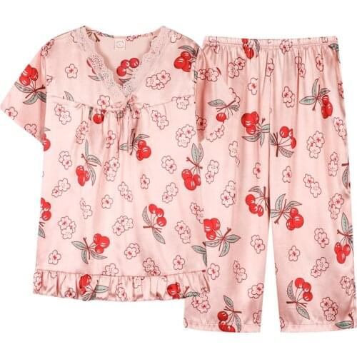 New Summer Women V Collar Pajamas Set Silk Satin Short Sleeve Tops+Calf-Length Pants 2 Pieces Set Sleepwear Pjs Plus Size 3XL