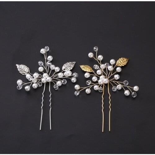1PCS Crystal Flower Leaf U shape Hair Sticks Pearl Clip Vintage Pins Wedding Hair Accessories Rhinestone Bride Head Piece