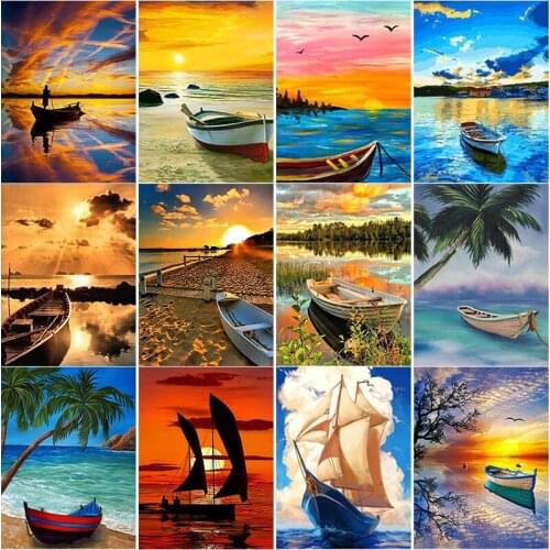 New 5D DIY Diamond Painting Beach Boat Diamond Embroidery Sea View Cross Stitch Full Square Round Drill Crafts Home Decor Gift