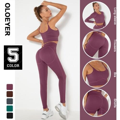 Ribbed Seamless Yoga Set Sport Outfit For Woman Gym Clothing Long Sleeve Crop Top Bra High Waist Leggings Fitness Sportswear
