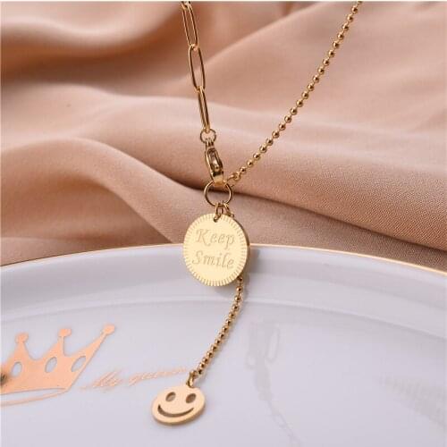 Trendy Hip Hop Style Smile Face Pendant Beads Chain Women Necklace No Fade Gold Color Stainless Steel Clavicle Chain Jewelry