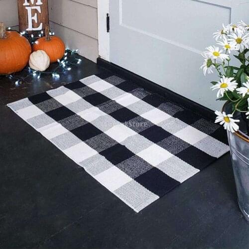 Black & White Buffalo Plaid Porch Runner Rug Door Mat Cotton Hand-Woven