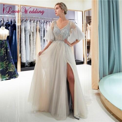 ILoveWedding Sexy V Neck Silver Beaded A Line Bell Sleeves Tulle Side Split Formal Evening Dresses Long Elegant