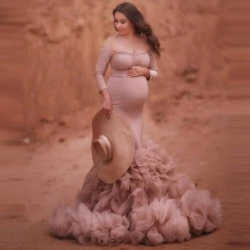 Elastic Dusty Pink Mermaid Women Maternity Dresses Photoshoot Women Dress Off Shoulder Puffy Ruffles Tulle Bottom Prom Gowns