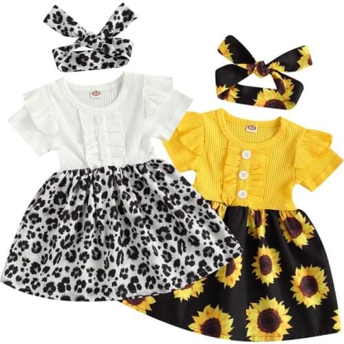 FOCUSNORM Summer Infant Baby Girls Dress Sunflowers/Leopard Print Patchwork Short Sleeve Knee Length A-Line Dress Headband