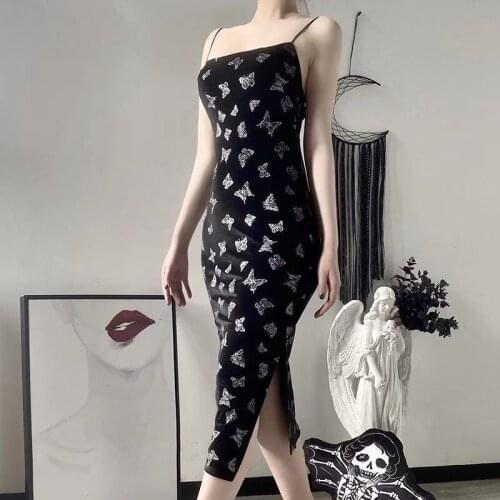Gothic Velvet Fashion Women Butterfly Printing Sexy Black Spaghetti Strap Bodycon Dresses Female Midi Split Cheongsam Hip Wrap