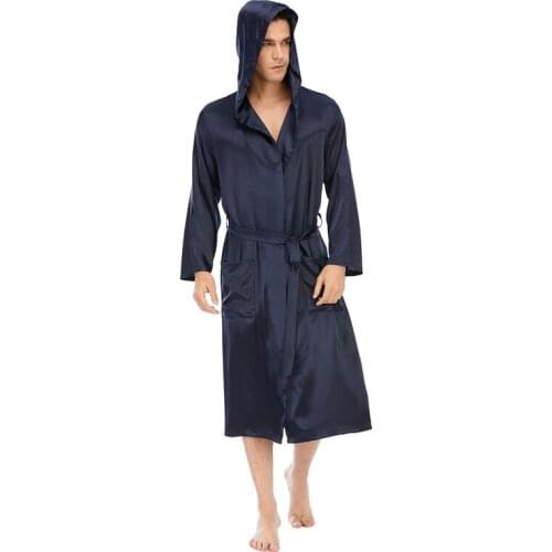 Witbuy Men Casual Kimono Bathrobe Autumn Satin Long Robe Hooded With Pocket Soft Sleepwear Nightgown Male Loose Night Homewear