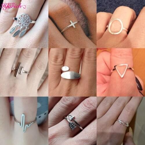 Hfarich Minimalist Jewelry Silver Color Geometric Rings for Women Adjustable Round Triangle Heartbeat Finger Ring Bague Femme