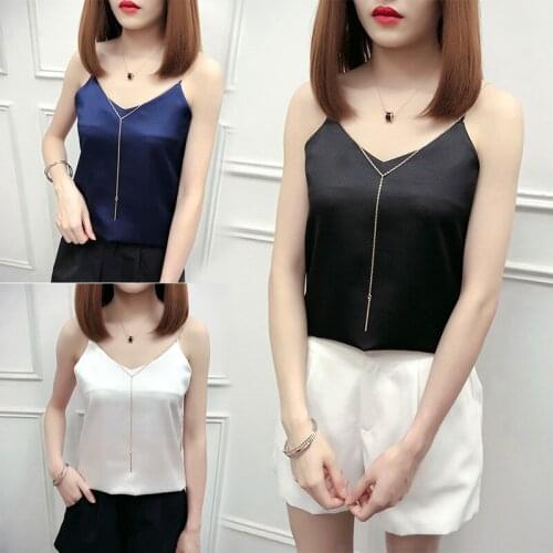 Summer Solid V-neck Sexy Satin Chain Thin Strap Womens Tank Camis Black Pink White Party Tops Fashion Celebration Streetwear