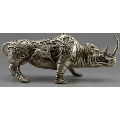 COPPER BRASS CHINESE CRAFTS ASIAN ELABORATE CHINESE FENG SHUI HANDMADE WHITE COPPER ANIMAL RHINO STATUE