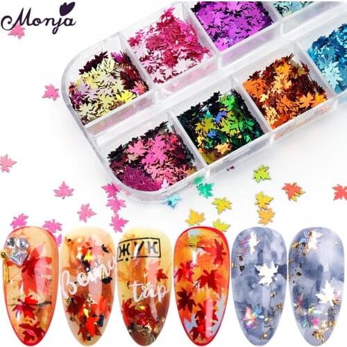 Monja 12 Grids/Box Colorful Maple Leaves Pattern Nail Art Sequins 3D Laser Holographic Glitter Flake DIY Manicure Decoration