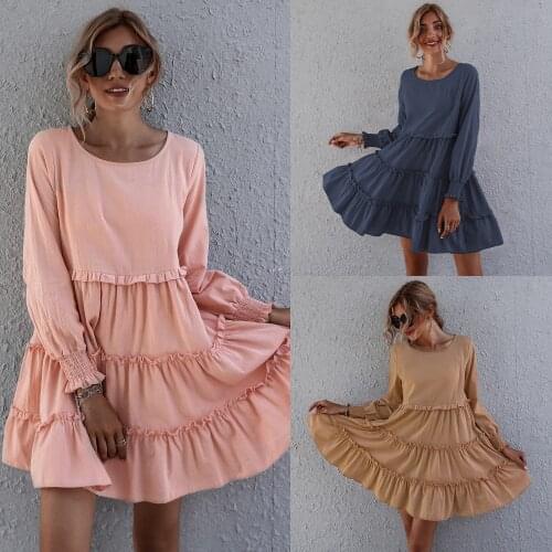 202 autumn new casual round neck solid color loose cake skirt dress