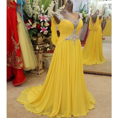 Charming Yellow Chiffon Bridesmaid Dresses 2020 Backless Crystal Beading Wedding Party Dress Maid Of Honor Formal Gowns V neck