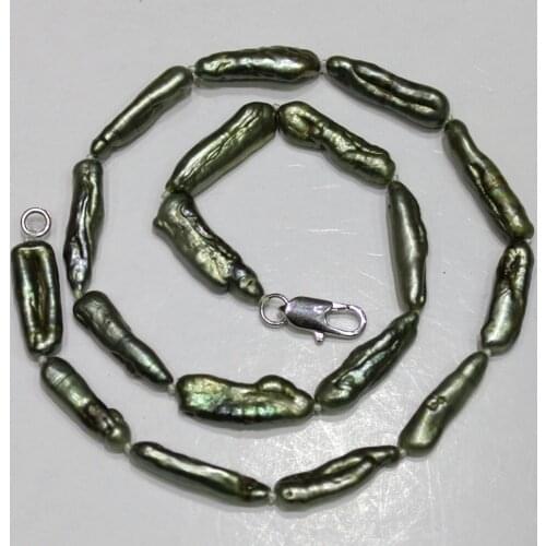 Grey green freshwater pearl necklace with long stick shape 6X22mm 16INCH 42cm