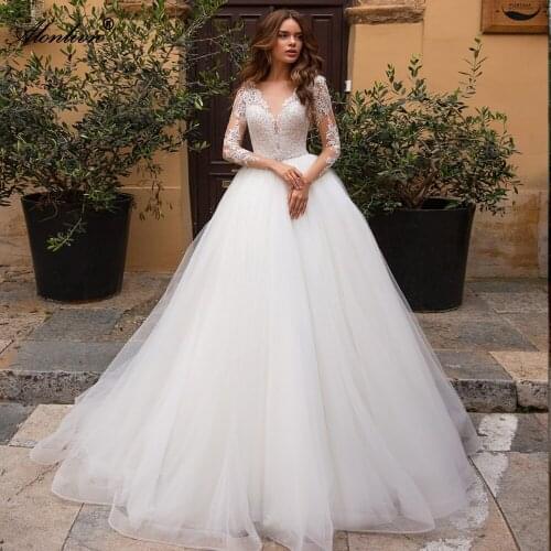 Alonlivn Silky Organza V-Neck Full Sleeves A-Line Wedding Dresses Beading Sash Sweep Train Bride Skirts