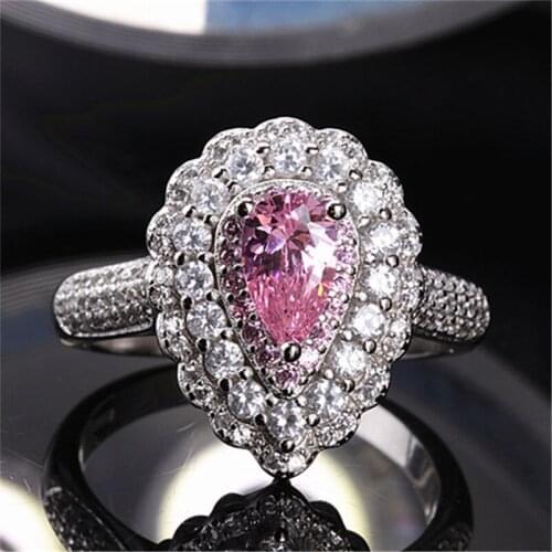 S925 sterling-silver-jewelry Rings For Women Water Drop Shape Pink Stone Ringen Unique Wedding Engagement Bridal Luxury Jewelry